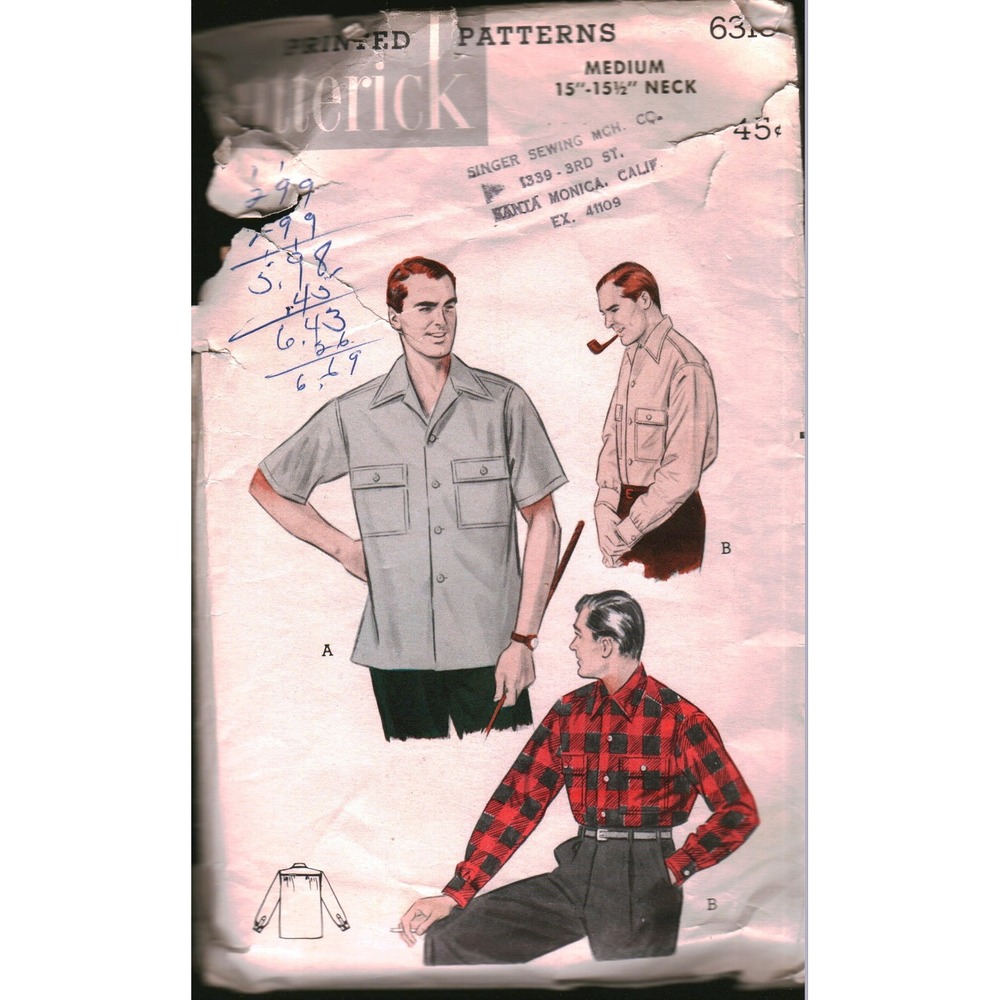 Vintage Butterick 6318 Mens Shirt Sewing Pattern Medium 15-15.5 Neck Retro 50s